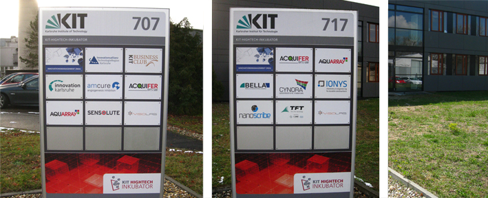 Schild mit aktuellen Mietern des KIT-Hightech-Inkubators